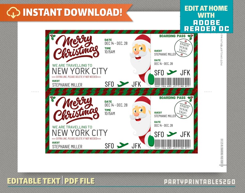 Surprise Trip Merry Christmas Boarding Pass Ticket Flight Gift Voucher Holiday Vacation Instant Download Edit and print at home image 3