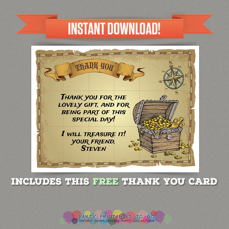 Pirate Map Birthday Party Printable Invitation with FREE Thank you Card Editable PDF files Print at home image 2