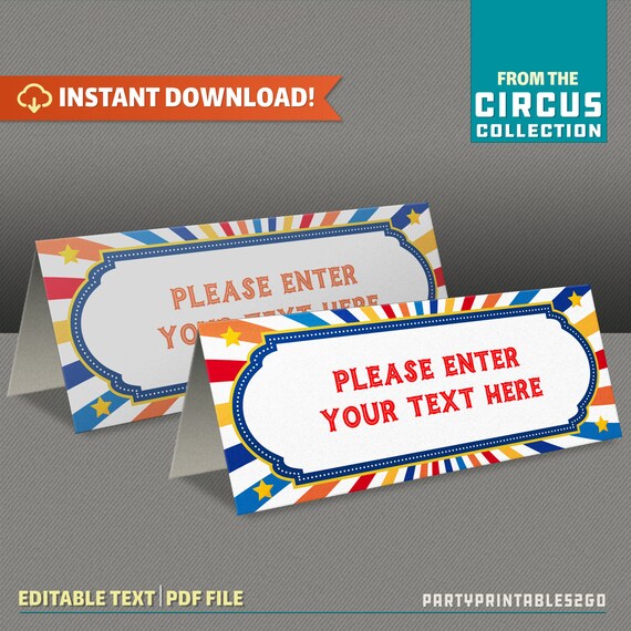 Circus Party - Carnival Party Printable Tent Cards / Place Cards / Food Labels - INSTANT DOWNLOAD - Edit and print at home Il_570xn