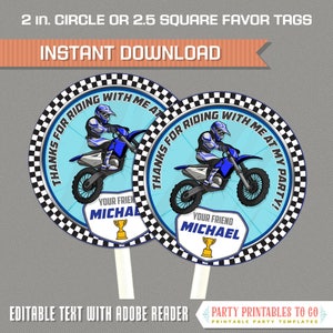 Dirt Bike Party Favor Tags (Blue) - Motocross Birthday Party - INSTANT DOWLOAD - Edit and print at home with Adobe Reader