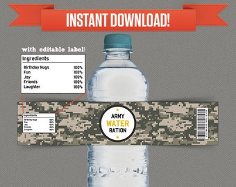 Army Party Printable Birthday Bottle Labels - Editable PDF file - Print at home