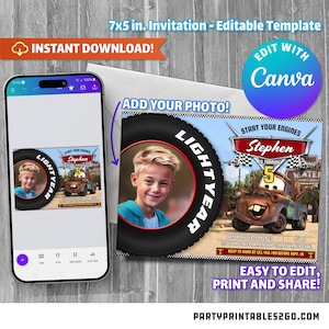 Cars Birthday Invitation - Mater Invitation - Cars Party - Edit with with your Computer, Tablet or Phone with Canva