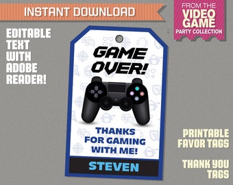 Video Game Favor Tag / Video Game Thank you Tag - (Blue) INSTANT DOWNLOAD - Video Game Party - Edit and print with Adobe Reader