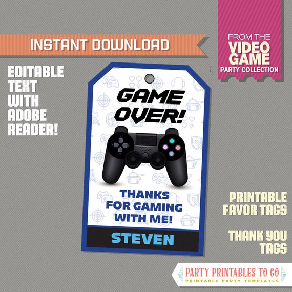 Video Game Favor Tag / Video Game Thank you Tag - (Blue) INSTANT DOWNLOAD - Video Game Party - Edit and print with Adobe Reader Il_570xn