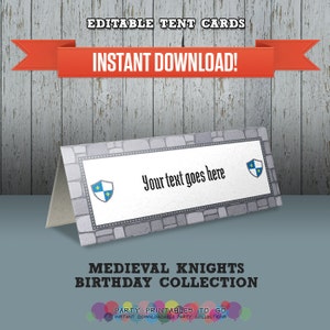 Medieval Knights Party Printable Tent Cards / Place Cards / Food Labels - Editable PDF file - Print at home