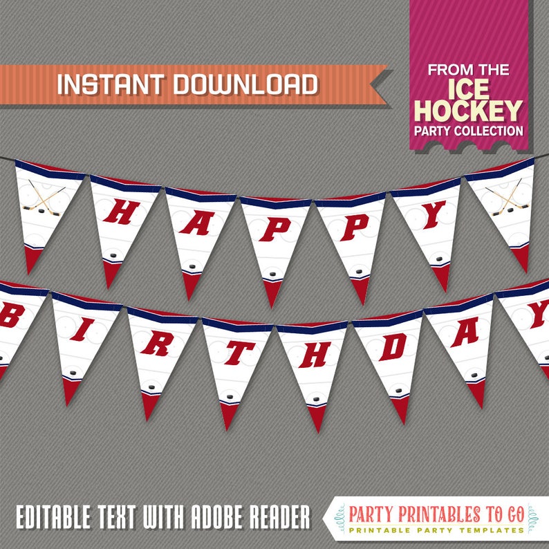 Ice Hockey Party Banner w/ Spacers Ice Hockey Party Ice Hockey Decoration INSTANT DOWNLOAD Edit and print at home with Adobe Reader image 1