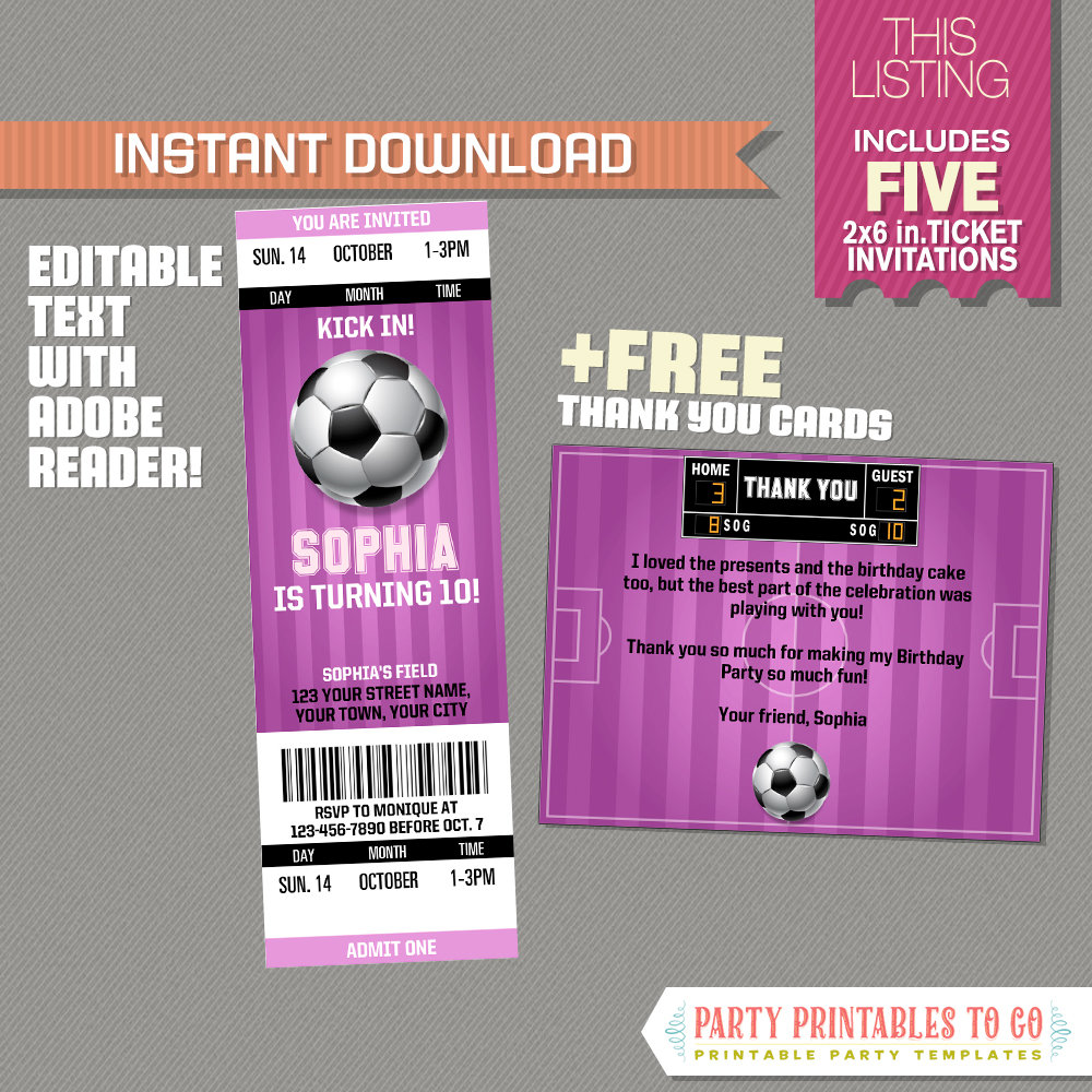 Girl Soccer Party Ticket Invitation with FREE Thank you Card Etsy