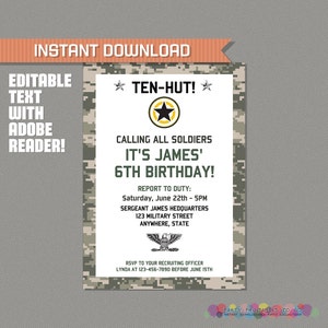 Digital Camo Birthday Party Printable Collection & Invitation Army Party INSTANT DOWNLOAD Edit and print at home with Adobe Reader image 3