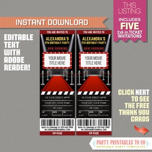 Uitnodiging voor een Red Carpet Party Ticket met GRATIS bedankkaart! - INSTANT DOWNLOAD - Bewerken en afdrukken met Adobe Reader - Afstudeerticket