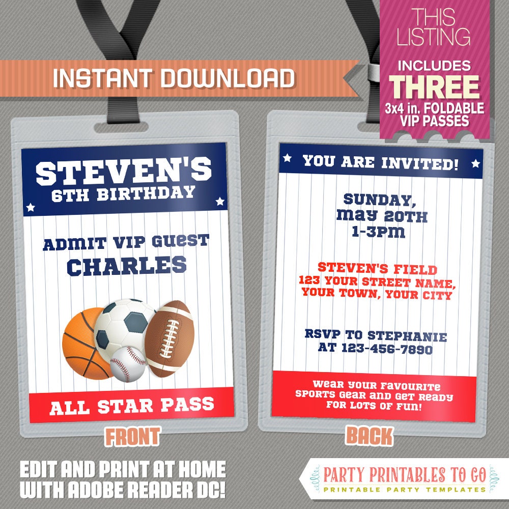 All Star Sports VIP Pass Birthday Party Invitations INSTANT Etsy