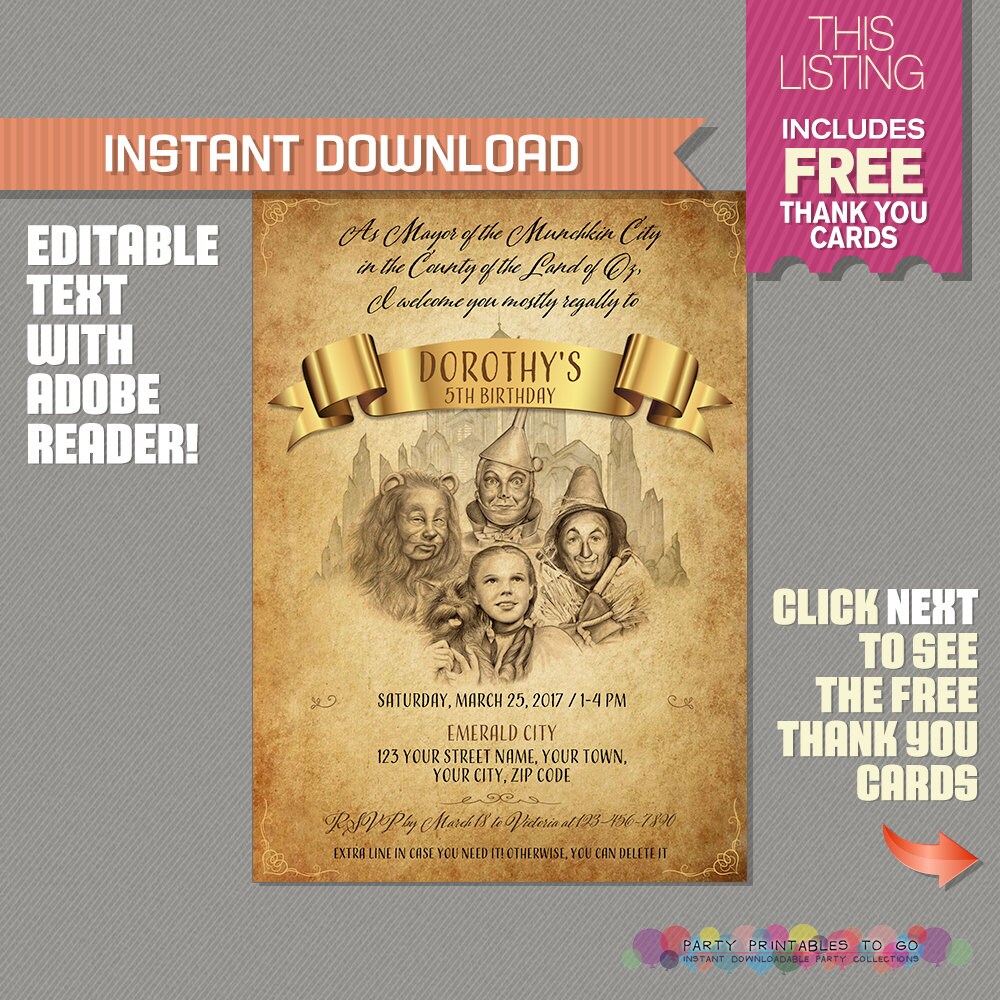 ¡Invitación de cumpleaños del Mago de Oz con tarjeta de agradecimiento GRATIS!- Invitación del Mago de Oz, Fiesta del Mago de Oz, Dorothy, Glinda, Película del Mago de Oz