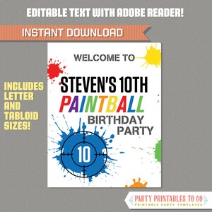 Paintball Party Welcome Sign - Letter and Tabloid sizes - Paintball Birthday - INSTANT DOWNLOAD - Edit and print at home with Adobe Reader