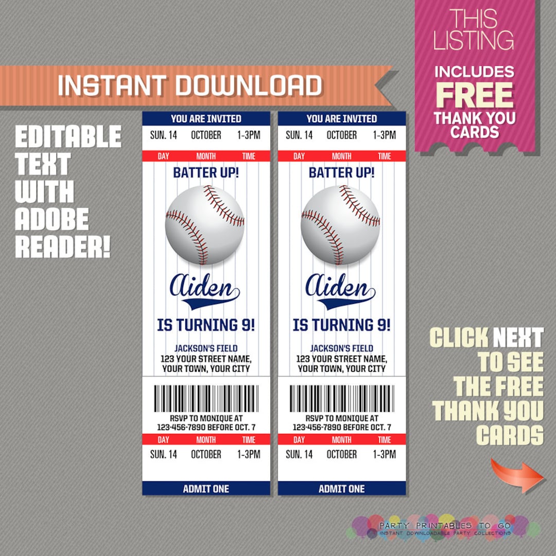 baseball-ticket-invitation-with-free-thank-you-card-baseball-birthday-baseball-party-invitation-edit-and-print-with-adobe-reader-etsy