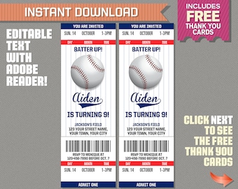 Baseball Ticket Invitation with FREE Thank you Card! - Baseball Birthday, Baseball Party Invitation - Edit and print with Adobe Reader