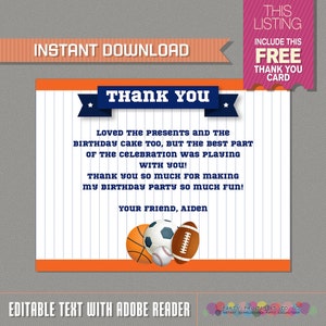 Sports Ticket Invitation with FREE Thank you Card Blue and Orange All Star Birthday Edit and print at home with Adobe Reader image 2