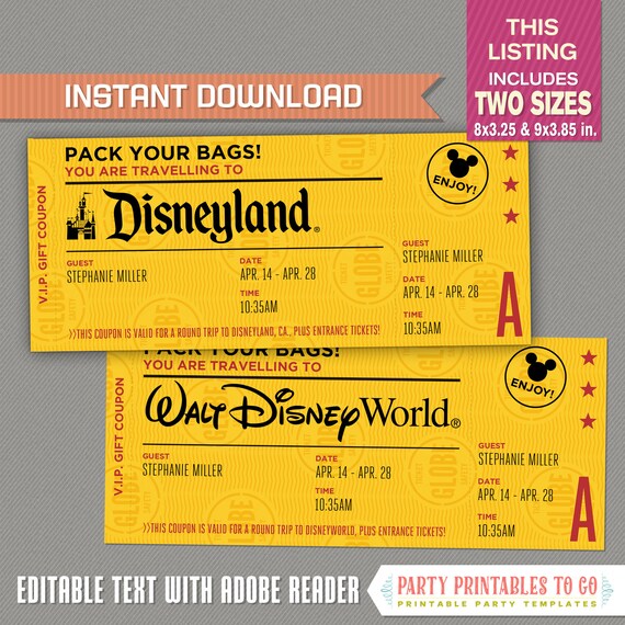 Editable Surprise Trip Ticket to Disneyland / Disneyworld Etsy