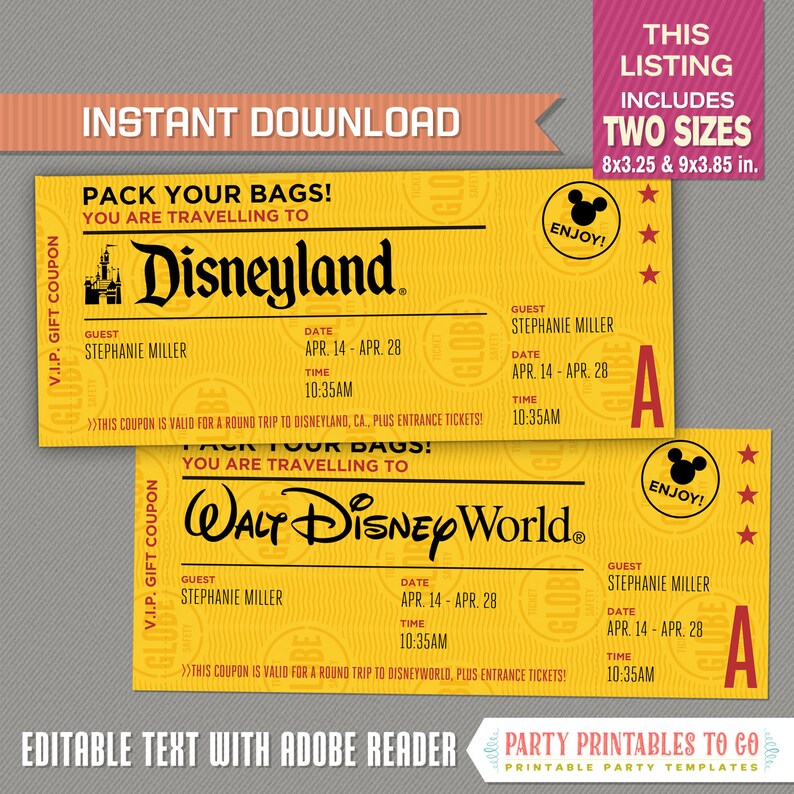 Editable Surprise Trip Ticket to Disneyland / Disneyworld Etsy