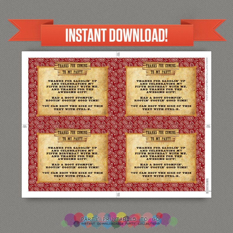 Editable PDF files Cowboy Birthday Party Printable Invitation with FREE Thank you Card Print at home