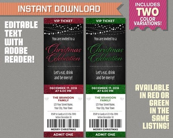 Christmas Celebration Ticket Invitation - INSTANT DOWNLOAD - Christmas Invitation - Edit and print with Adobe Reader