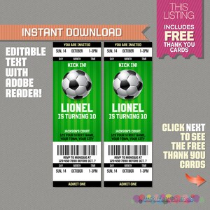 Voetbalticketuitnodiging met GRATIS bedankkaart! - Voetbalverjaardag, uitnodiging voor voetbalfeest - Bewerken en afdrukken met Adobe Reader