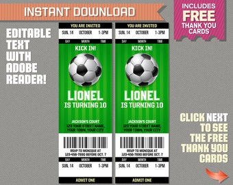 Soccer Ticket Invitation with FREE Thank you Card! - Soccer Birthday, Soccer Party Invitation - Edit and print with Adobe Reader