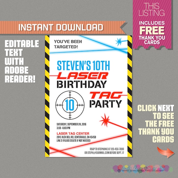 Laser Tag Invitation with FREE Thank you Card - Laser Tag Party - Instant Download - Edit and print at home with Adobe Reader