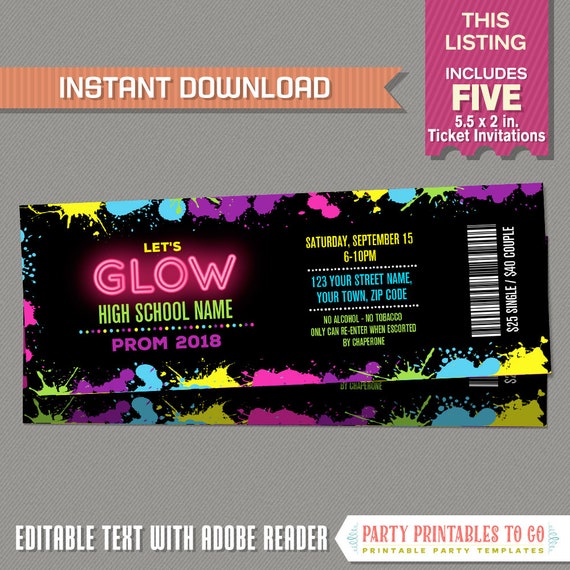 neon glow prom party ticket invitations instant dowload etsy