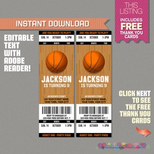 Basketbalticketuitnodiging met GRATIS bedankkaart! - Basketbalverjaardag, basketbalfeestuitnodiging - Bewerken en afdrukken met Adobe Reader