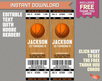 Invitation de billet de basket-ball avec carte de remerciement GRATUITE ! - Anniversaire de basket-ball, invitation à une fête de basket-ball - Modifier et imprimer avec Adobe Reader