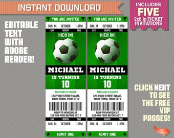 Soccer Ticket Invitation with FREE VIP Passes! (Design 2) - Soccer Birthday, Soccer Party Invitation - Edit and print with Adobe Reader