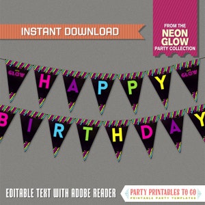 Neon Glow Party Banner with Spacers (v.3) - INSTANT DOWNLOAD - Edit and print at home - Glow in the Dark Banner - Happy Birthday Banner