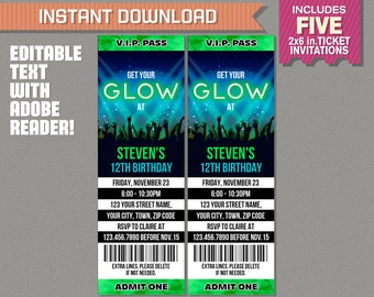 Neon Glow Party Ticket Invitations (Boys) - INSTANT DOWNLOAD - Glow in the Dark Party - Edit and print at home with Adobe Reader