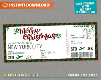Surprise Trip Merry Christmas Boarding Pass - Ticket Flight - Gift Voucher | Holiday Vacation - Instant Download! - Edit and print at home