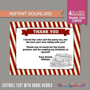 Tarjeta de agradecimiento de la fiesta del tren - Cumpleaños del tren - Tarjeta de agradecimiento del tren - Descarga instantánea - Editar e imprimir en casa usando Adobe Reader