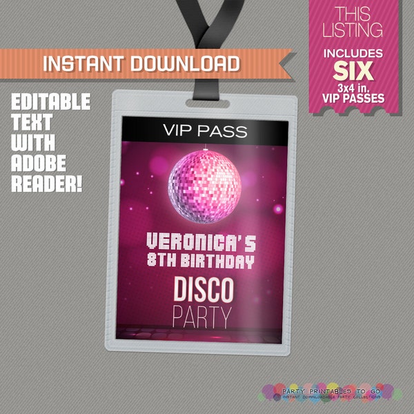 Disco Party Pass printable Insert - Disco Birthday, Disco Party Vip Pass - Disco Dance Party - Edit and print at home with Adobe Reader!