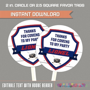 Ice Hockey Party Favor Tags - Hockey Party Thank You Tags - Hockey Birthday - INSTANT DOWNLOAD - Edit and print at home with Adobe Reader