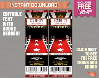 Red Carpet Party Ticket Invitation with FREE Thank you Card! - INSTANT DOWLOAD - Edit and print at home with Adobe Reader