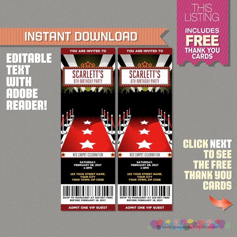 Red Carpet Party Ticket Invitation With FREE Thank You Card Etsy