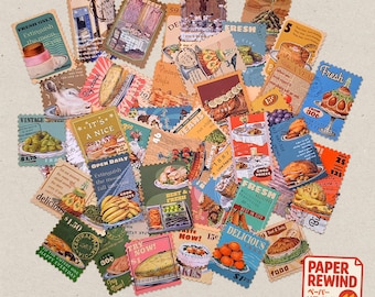 50 Adesivos com Tema de Comida | Estilo Retrô | NÃO É POSTAGEM | Papelaria e Scrapbooking