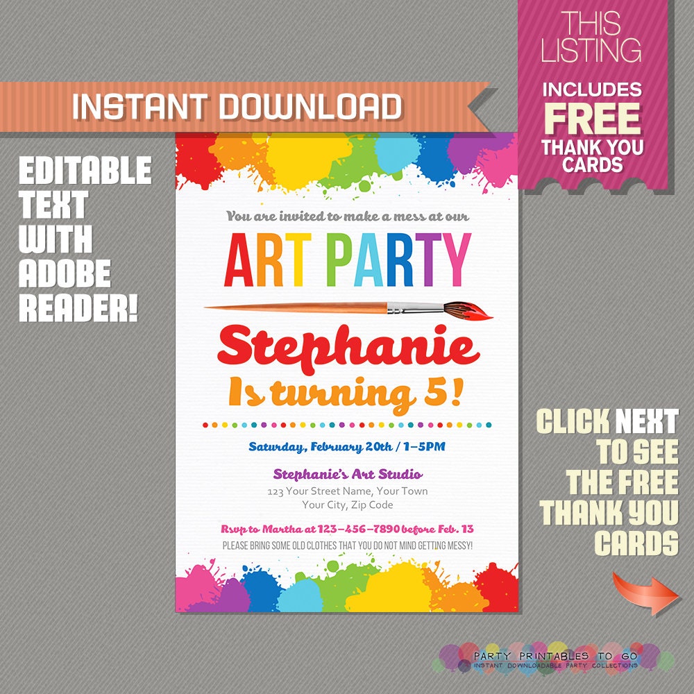 Art Party Invitation With FREE Thank You Card Art Birthday Party Instant Download Edit and Print at Home With Adobe Reader - Etsy art-party-invitation-with-free-thank-you-card-art-birthday-party-instant-download-edit-and-print-at-home-with-adobe-reader-etsy