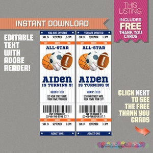 Sports Ticket Invitation with FREE Thank you Card Blue and Orange All Star Birthday Edit and print at home with Adobe Reader image 1