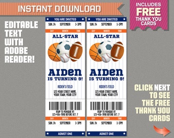 Sports Ticket Invitation with FREE Thank you Card! - (Blue and Orange) All Star Birthday - Edit and print at home with Adobe Reader