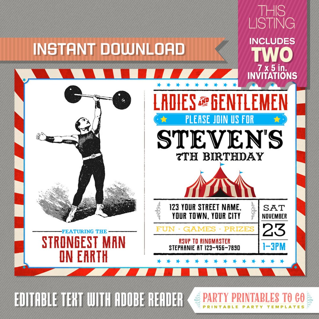 Circus Strongman Party Ticket Invitations Circus Party - Etsy