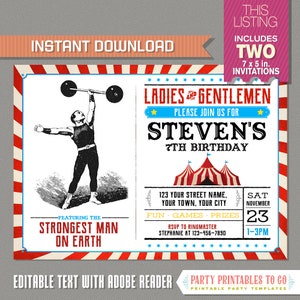 Circus Strongman Party Ticket Invitations - Circus Party - Circus Birthday - INSTANT DOWNLOAD - Edit and print at home with Adobe Reader
