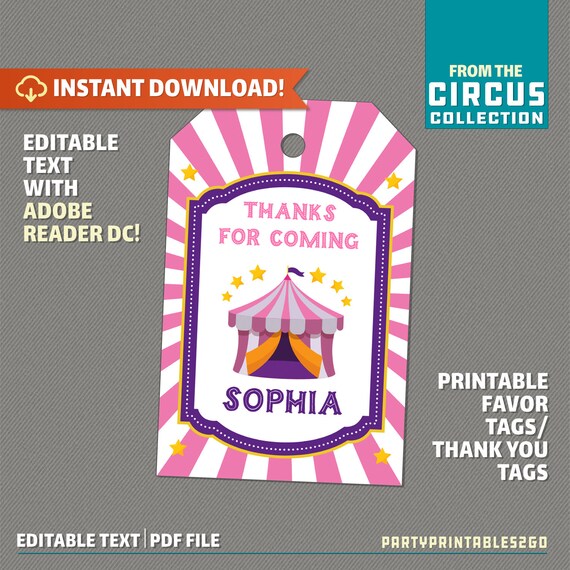 Circus Party Favor Tags / Carnival Thank you Tag - INSTANT DOWNLOAD - Circus Birthday - Edit and print at home with Adobe Reader Il_570xn
