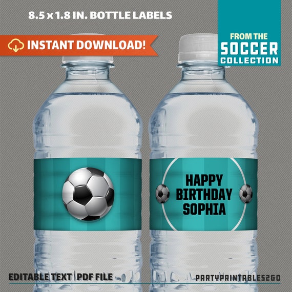 Soccer Party Printable Birthday Bottle Labels / Napkin Rings (Teal) - Editable PDF file - Print at home - Soccer Birthday - Soccer Labels Il_570xn