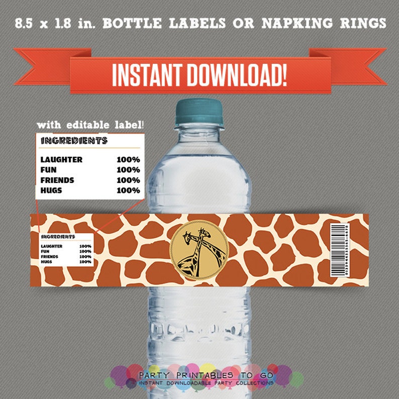 Safari Party Printable Birthday Bottle Labels Editable PDF file Print at home image 2