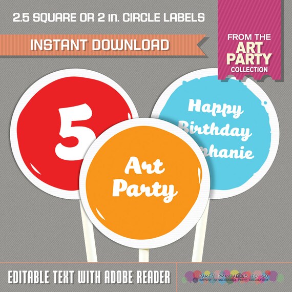 Art Party Printable Birthday Labels - Art Birthday - Editable PDF file - Print at home - Instant Download Il_570xn