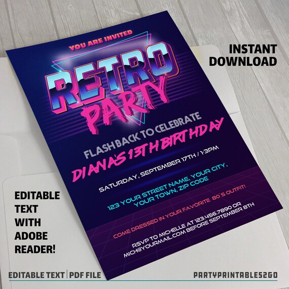 Retro Party Invitation - 80s Party - Eighties Invitation - Edit and print with Adobe Reader - Instant Download - Retro Birthday Il_570xn