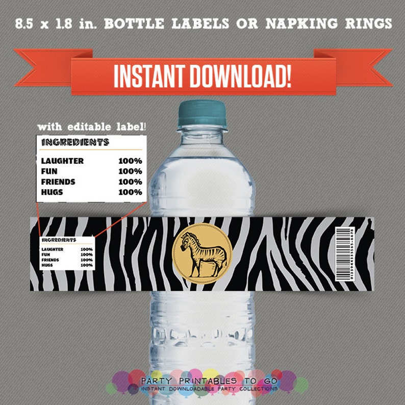 Safari Party Printable Birthday Bottle Labels Editable PDF file Print at home image 1